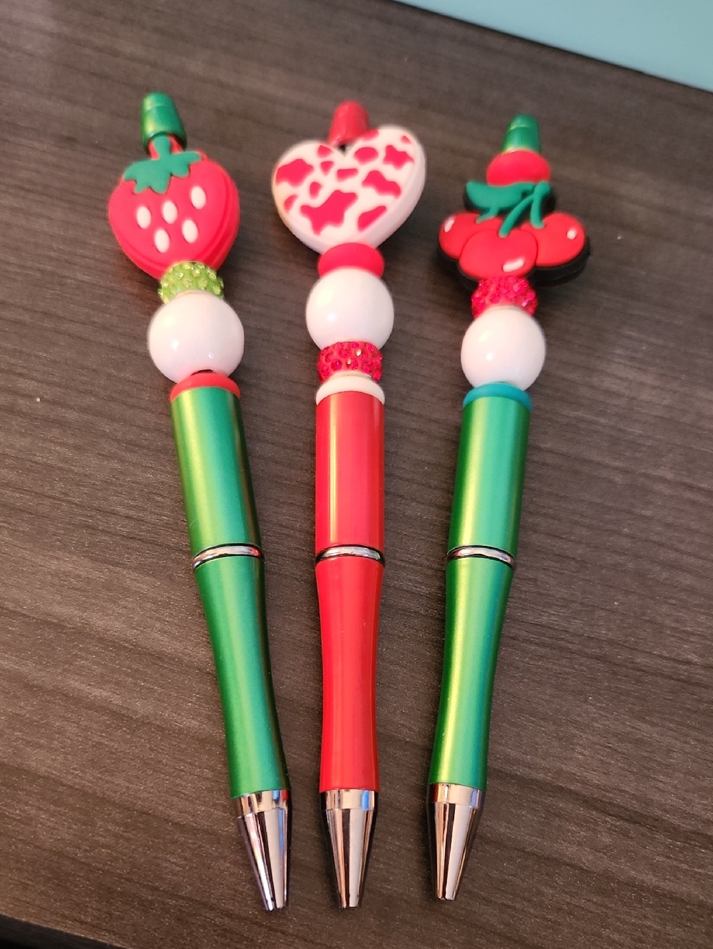 Strawberry, Cow Print Heart & Cherry Beaded Pens